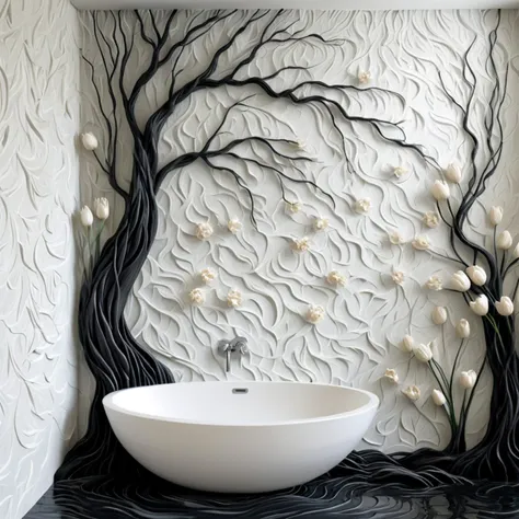 <lora:artfullyTULIPWILLOW_SDXL_V1:1>, arttlpwllw, carved relief, 3d, sculpture, exquisite, black and white, elegant, minimal, decadence, beautiful,willow and tulip, clouds, water, flowers, roots and trunk entertwined, repeating pattern, tiled, bathroom walls