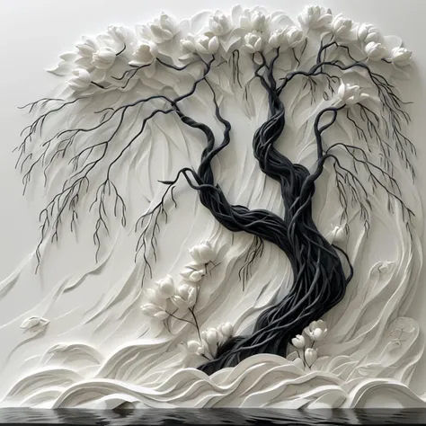 <lora:artfullyTULIPWILLOW_SDXL_V1:1>, arttlpwllw, carved relief, 3d, sculpture, exquisite, black and white, elegant, minimal, decadence, beautiful,willow and tulip, clouds, water, flowers, roots and trunk entertwined,