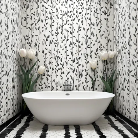 <lora:artfullyTULIPWILLOW_SDXL_V1:1>, arttlpwllw, repeating pattern, black and white, elegant, minimal, decadence, beautiful,willow and tulip
, tiled bathroom