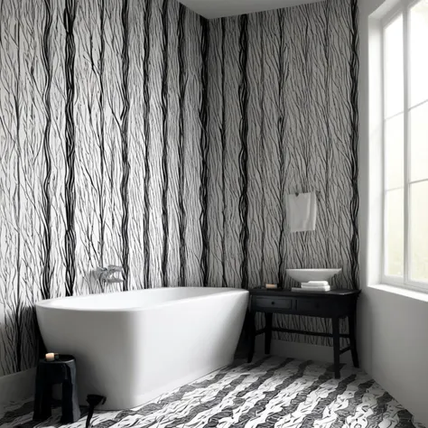 <lora:artfullyTULIPWILLOW_SDXL_V1:1>, arttlpwllw, repeating pattern, black and white, elegant, minimal, decadence, beautiful,willow
, tiled bathroom