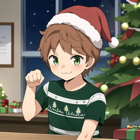 Masterpiece, best quality, 1boy, Midorikawa, indoors, upper body, :3, christmas sweater, paw pose, santa hat, christmas theme, <lora:MidorikawaV1A5-000004:0.9>,