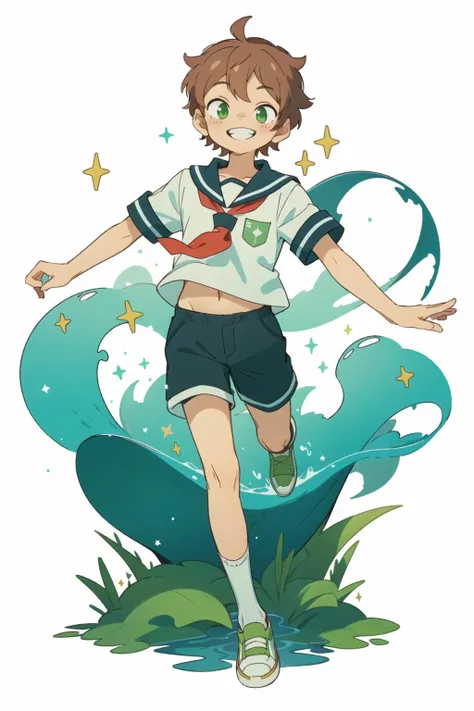 Masterpiece, best quality, 1boy, Midorikawa, simple background, water, hearts, sparkles, glitter, toothy grin, shorts, (white sailor top:1.2), red tie, navel, socks, sneakers,  <lora:MidorikawaV1A5-000004:0.8>, ginger,