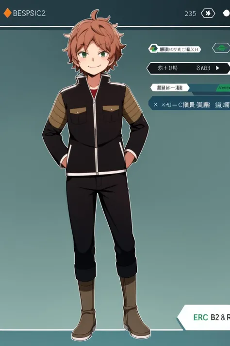 Masterpiece, best quality, 1boy, Midorikawa, (borderuniform), smile, hands on hips, full body, hands in pockets, japanese text, <lora:MidorikawaV1A5-000004:1>