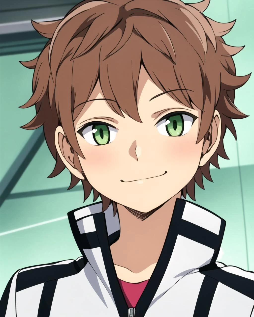 Masterpiece, best quality, 1boy, Midorikawa, white outfit,white track jacket, popped collar, black shirt, smug, portrait, <lora:MidorikawaV1A5-000004:1>,