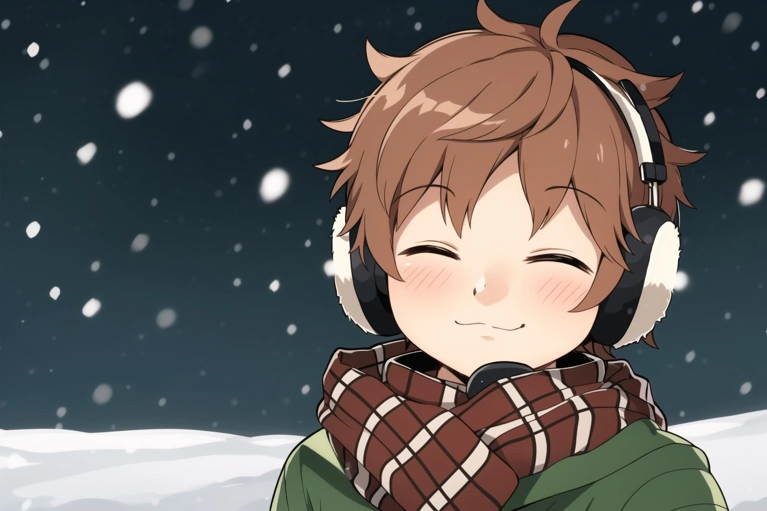 Masterpiece, best quality, 1boy, Midorikawa, eyes closed, kawaii, cute, scarf, earmuffs, outdoors, snow, plaid, christmas theme, <lora:MidorikawaV1A5-000004:0.8>,