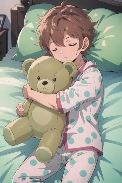 Masterpiece, best quality, 1boy, Midorikawa, pajamas, sleepy, lying, bedroom, <lora:MidorikawaV1A5-000004:1>, <lora:pillow_hug:1>, pillow_hug, brown teddy bear,