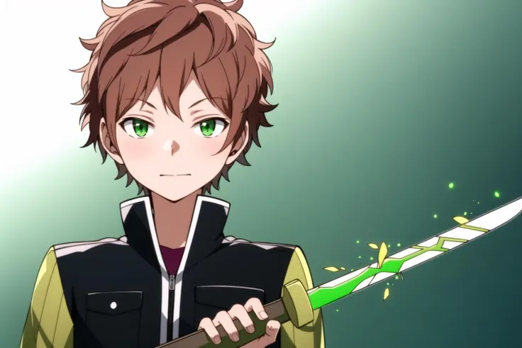 Masterpiece, best quality, 1boy, Midorikawa, (borderuniform), glowing sword, holding, weapon, sword, upper body, <lora:MidorikawaV1A5-000004:1>
