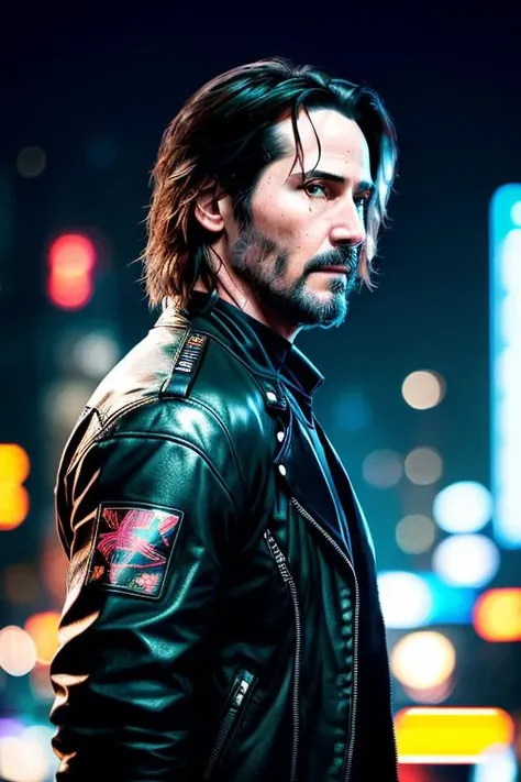 photo of (K34nuR33v3s-400:1), a men as a rock star, (medium closeup:1.4), (face focus:1.2), modelshoot style, (extremely detailed CG unity 8k wallpaper), Intricate, High Detail, Sharp focus, dramatic, ((cyberpunk 2077)), ((standing on)), ((cyberpunk night city in the background)),((Johnny Silverhand)), (looking at viewer), (detailed pupils:1.2), (rocker clothes:1.3), (dimly lit) lora:epiNoiseoffset_v2:0.7>