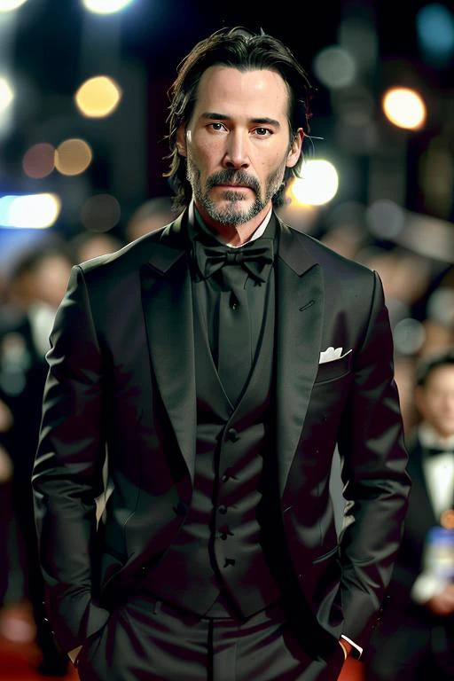photo of (K34nuR33v3s-400:1), a men as a star, (medium closeup:1.2), (face focus:1.2), modelshoot style, (extremely detailed CG unity 8k wallpaper), Intricate, High Detail, Sharp focus, dramatic, ((movieiere gala)), ((standing on the red carpet)), ((paparazzi in the background)), (looking at viewer), (detailed pupils:1.2), (elegant tuxedo:1.3), (dimly lit) <lora:epiNoiseoffset_v2:0.8>