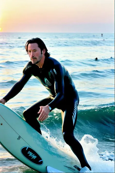 ANalog style, k34nur33v3 surfing during sunset,lr, <lora:epiNoiseoffset_v2:1>