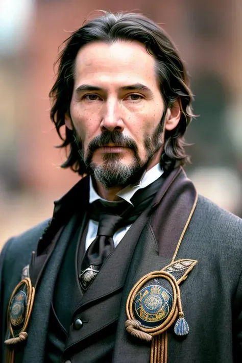 photo of (K34nuR33v3s-400:1), a men as a victorian gentleman, (medium closeup:1.6), (face focus:1.2), modelshoot style, (extremely detailed CG unity 8k wallpaper), Intricate, High Detail, Sharp focus, dramatic, ((British Victorian era)), ((standing on 1890 london street)), (looking at viewer), (detailed pupils:1.2), (elegant Victorian suit and cloak:1.2), (Wooden Cane:1.2)