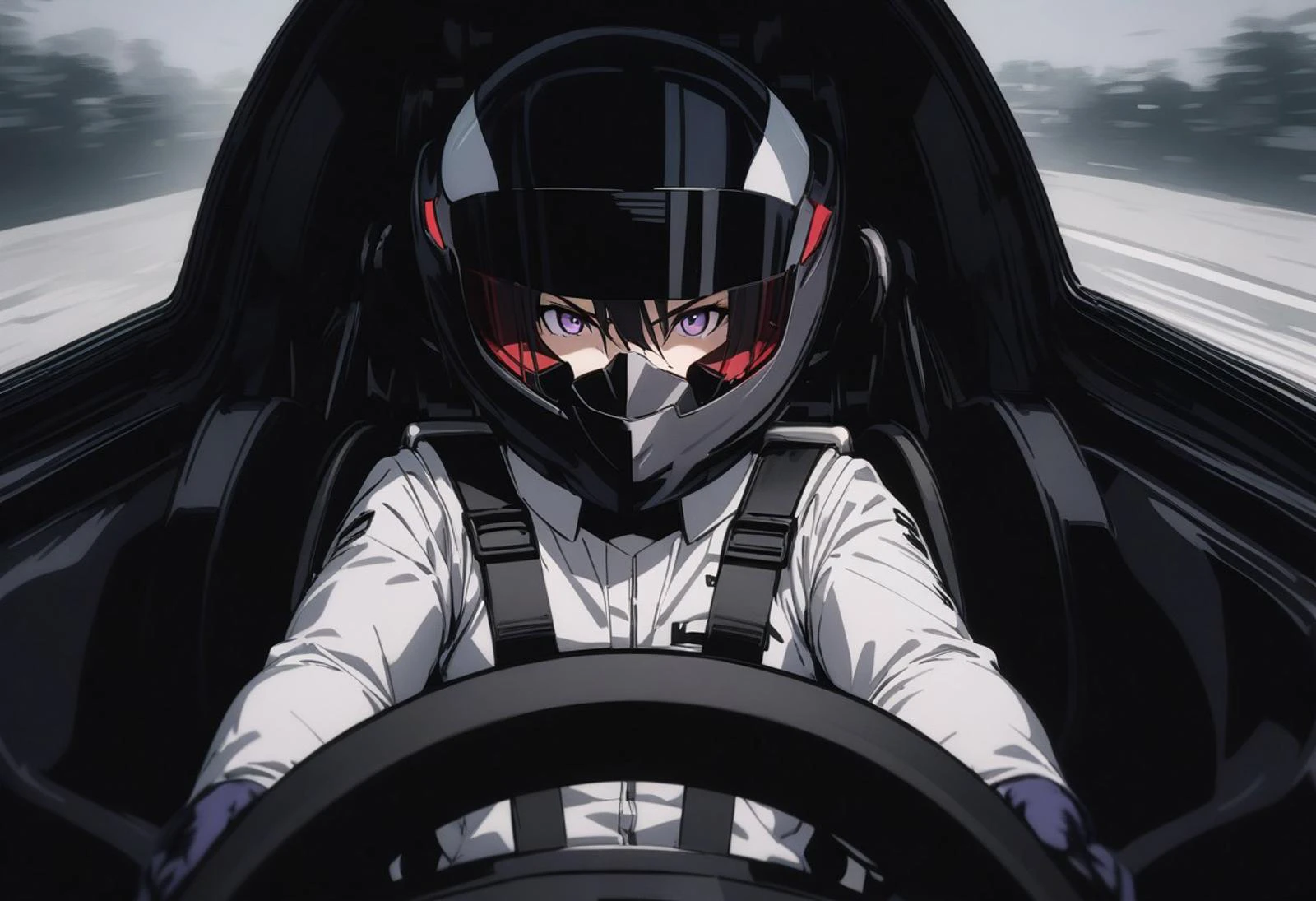 masterpiece, best quality, ultra detailed, highres,4k,(ultra-detailed:1.4) (illustration:0.5), (ray tracing,:0.8),(anime colored:0.7),(ai-generated:0.5),
1girl,solo,
kuchikirukiya, black hair, purple eyes,
serious,
nissan gtr,
<lora:cyberformuladriverseatXL1:1>,cyberformuladriverseat,
cockpit,,canopy, driving,pilot suit, racing helmet, gloves,steering wheel,seatbelt,vehicle interior,
motion blur,motion lines,speed lines,