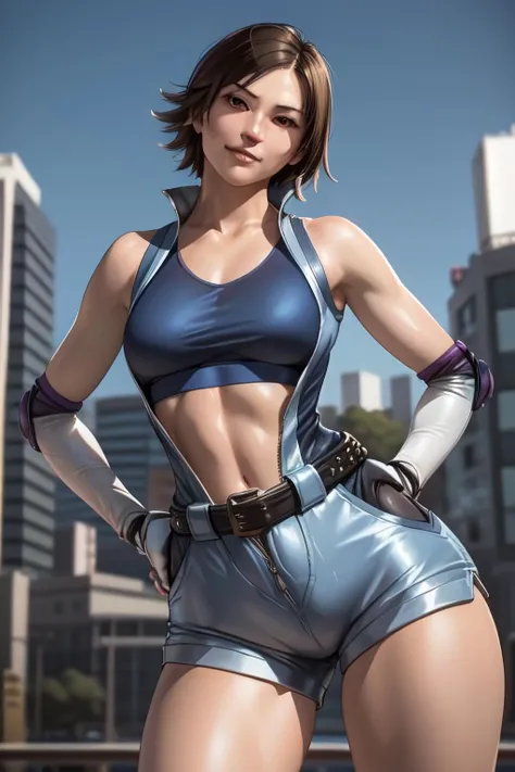 (masterpiece, best quality), from bottom, kazama asuka, 18 years old, open jumpsuit, sports bra, shorts, belt, sleeveless, elbow gloves, looking at viewer, smirk, petite, (cowboy shot, hands on hips, wide pose), detailed face, head tilted, medium breasts, osaka background