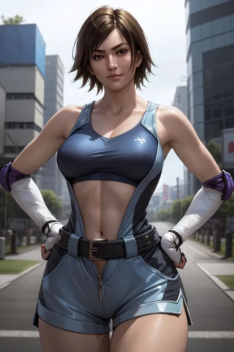 (masterpiece, best quality), from bottom, kazama asuka, 18 years old, open jumpsuit, sports bra, shorts, belt, sleeveless, elbow gloves, looking at viewer, smirk, petite, (cowboy shot, hands on hips, wide pose), detailed face, head tilted, medium breasts, osaka background