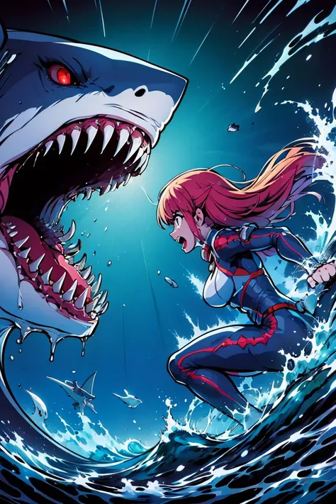 (masterpiece, best quality), 1girl, <lora:sharkBattle:0.8> fightShark,girl fighting a shark head-on,girl glaring at a shark,from side,