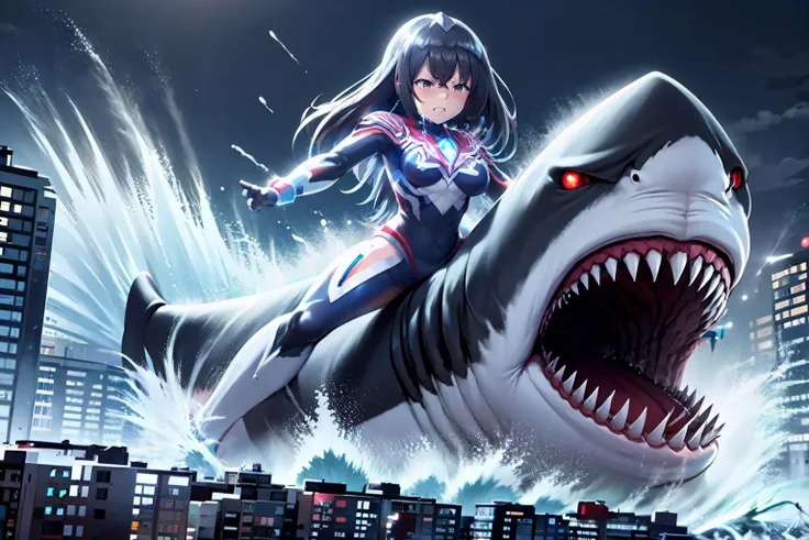 masterpiece,best quality,highly detailed,1girl,solo,takarada rikka,ssss.gridman,medium hair,black hair,blue eyes,large breasts,
<lora:Ultgp-16b:0.7>,(ultgp :1),red ultraman bodysuit,clenched teeth,struggling,serious,v-shaped eyebrows,
BREAK
<lora:sharkBattle:0.75>,EatPerson,girl in shark mouth,shark opening mouth,girl in big shark mouth,space,iceberg,air bubble,dark water,dark ocean,oversized animal,size difference,