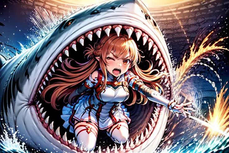 masterpiece,best quality,highly detailed,1girl,solo,clenched teeth,one eye closed,struggling,serious,v-shaped eyebrows,
<lora:asuna_(sao)_v1:0.7>,aaasuna,long hair,brown hair,braid,brown eyes,bare shoulders,armor,breastplate,white sleeves,detached sleeves,red skirt,pleated skirt,white thighhighs,
BREAK
<lora:sharkBattle:0.75>,EatPerson,girl in shark mouth,shark opening mouth,girl in big shark mouth,space,