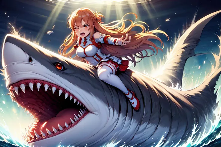 masterpiece,best quality,highly detailed,1girl,solo,clenched teeth,one eye closed,struggling,serious,v-shaped eyebrows,
<lora:asuna_(sao)_v1:0.7>,aaasuna,long hair,brown hair,braid,brown eyes,bare shoulders,armor,breastplate,white sleeves,detached sleeves,red skirt,pleated skirt,white thighhighs,
BREAK
<lora:sharkBattle:0.75>,rideShark,riding on shark,straddling on shark,underwater,straddling,riding,