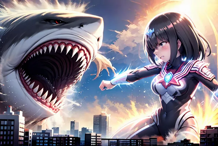 masterpiece,best quality,highly detailed,1girl,solo,takarada rikka,ssss.gridman,medium hair,black hair,blue eyes,large breasts,
<lora:Ultgp-16b:0.7>,(ultgp :1),red ultraman bodysuit,clenched teeth,struggling,serious,v-shaped eyebrows,
BREAK
<lora:sharkBattle:0.75>,fightShark,girl fighting a shark head-on,girl glaring at a shark,from side,, masterpiece,best quality,highly detailed, 1girl, solo, takarada rikka, ssss.gridman, medium hair, black hair, blue eyes, large breasts,
<lora:Ultgp-16b:0.7>,(ultgp :1),red ultraman bodysuit,<lora:GTSv5:0.8>,
building, city, clenched teeth, one eye closed, struggling, giantess, giant, between buildings,
BREAK