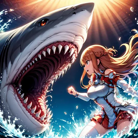 masterpiece,best quality,highly detailed,1girl,solo,clenched teeth,one eye closed,struggling,serious,v-shaped eyebrows,
<lora:asuna_(sao)_v1:0.7>,aaasuna,long hair,brown hair,braid,brown eyes,bare shoulders,armor,breastplate,white sleeves,detached sleeves,red skirt,pleated skirt,white thighhighs,
BREAK
<lora:sharkBattle:0.75>,titleConcept,oversized shark behind girl,evil shark behind girl,standing,space,underwater,looking at viewer,