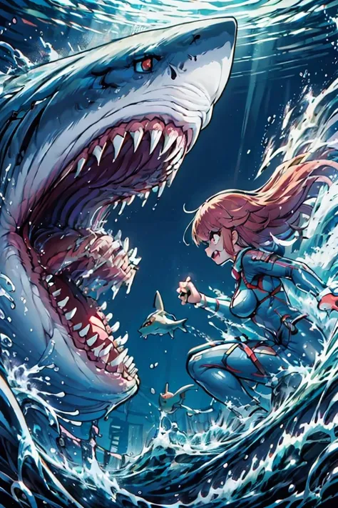 (masterpiece, best quality), 1girl,  <lora:sharkBattle:0.8> fightShark,girl fighting a shark head-on,girl glaring at a shark,from side,