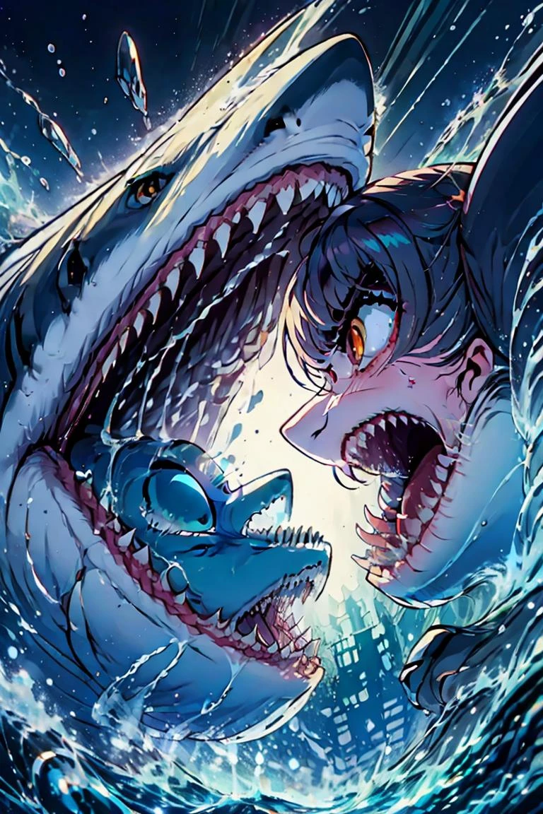 (masterpiece, best quality), 1girl, <lora:sharkBattle:0.8> fightShark,girl fighting a shark head-on,girl glaring at a shark,from side,