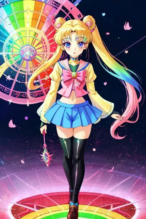 (Earth-QualityPos, Best_QualityPos,  CelShade), (SailorMoonGoth), (cute gyaru, tafashion:1.4), (rainbow theme:1.3), (full body:1.4) illustration of (gyaru Sailor Moon) wearing (gyaru latex rainbow short tied shirt, micro miniskirt, transparent wide sleeves, navel:1.2), (shiny glossy translucent clothing, gleaming oily fabric :1.1), (perfect face, cute face, symmetric face, blue perfecteyes eyes), rainbow (lipstick, cute makeup:1.4), (frills, lace, bows:1.2), (rainbow tight high socks, cute boots, smiling:1.2), (double meatballs style rainbow hair:1.2), (sparkles, sparkling hair, sparkling clothes, sparkles near eyes),