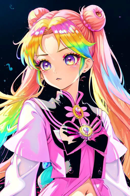 (Earth-QualityPos, Best_QualityPos, CelShade), (SailorMoonGoth), (cute gyaru, tafashion:1.4), (rainbow theme:1.3), (full body) illustration of (gyaru Sailor Moon) wearing (gyaru latex rainbow short tied shirt, micro miniskirt, transparent wide sleeves, navel:1.2), (shiny glossy translucent clothing, gleaming oily fabric :1.1), (perfect face, cute face, symmetric face, blue perfecteyes eyes), rainbow (lipstick, cute makeup:1.4), (frills, lace, bows:1.2), (rainbow tight high socks, cute boots, smiling, sitting in rainbow sofa:1.4), (double meatballs style rainbow hair:1.2), (sparkles, sparkling hair, sparkling clothes, sparkles near eyes),