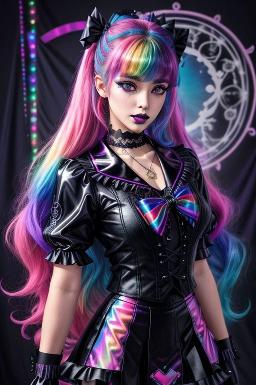 (SailorMoonGoth:1), (pastelgoth rainbow latex theme:1.3), professional detailed (full body:1.2) photo of (SailorMoonGoth) wearing (intricate pastelgoth rainbow latex tadress, multilayered skirt:1.2), (shiny glossy translucent clothing, gleaming oily fabric :1.1), (perfect face, beautiful face, symmetric face, blue perfecteyes eyes), pastelgoth rainbow (lipstick, eyeshadow, mascara, goth makeup:1.1), (frills, lace, bows:1.2), (pastelgoth rainbow stockings:1.1), (double meatballs style rainbow hair:1.2),
ultra wide angle shot, cinematic style, 8k, RAW photo, photo-realistic, masterpiece, best quality, absurdres, incredibly absurdres, huge filesize, extremely detailed, High quality texture, Cinematic Lighting, physically-based rendering, Ray tracing,