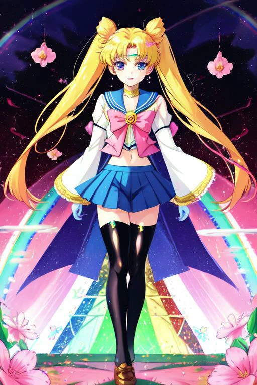(Earth-QualityPos, Best_QualityPos, CelShade), (SailorMoonGoth), (cute gyaru, tafashion:1.4), (rainbow theme:1.3), (full body:1.4) illustration of (gyaru Sailor Moon) wearing (gyaru latex rainbow short tied shirt, micro miniskirt, transparent wide sleeves, navel:1.2), (shiny glossy translucent clothing, gleaming oily fabric :1.1), (perfect face, cute face, symmetric face, blue perfecteyes eyes), rainbow (lipstick, cute makeup:1.4), (frills, lace, bows:1.2), (double meatballs style rainbow hair:1.2), (sparkles, sparkling hair, sparkling clothes, sparkles near eyes),