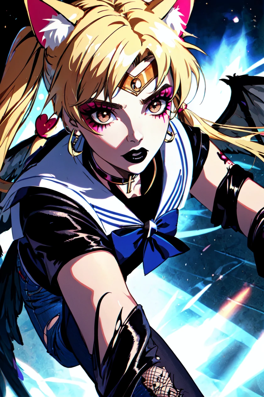 1girl, solo, brown eyes, blonde hair, detailed hair, detailed face, detailed eyes, official art, BadBoyVibes-GenderFree OsenayanFace SailorMoonGoth