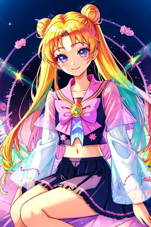(Earth-QualityPos, Best_QualityPos, CelShade), (SailorMoonGoth), (cute gyaru, tafashion:1.4), (rainbow theme:1.3), (sitting, smiling) illustration of (gyaru Sailor Moon) wearing (gyaru latex rainbow short tied shirt, micro miniskirt, transparent wide sleeves, navel:1.2), (shiny glossy translucent clothing, gleaming oily fabric :1.1), (perfect face, cute face, symmetric face, blue perfecteyes eyes), rainbow (lipstick, cute makeup:1.4), (frills, lace, bows:1.2), (rainbow tight high socks, cute boots, smiling, sitting in rainbow sofa:1.4), (double meatballs style rainbow hair:1.2), (sparkles, sparkling hair, sparkling clothes, sparkles near eyes),