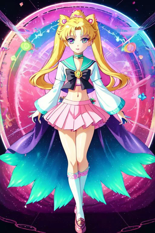 (Earth-QualityPos, Best_QualityPos, CelShade), (SailorMoonGoth), (cute gyaru, tafashion:1.4), (rainbow theme:1.3), (full body:1.4) illustration of (gyaru Sailor Moon) wearing (gyaru latex rainbow short tied shirt, micro miniskirt, transparent wide sleeves, navel:1.2), (shiny glossy translucent clothing, gleaming oily fabric :1.1), (perfect face, cute face, symmetric face, blue perfecteyes eyes), rainbow (lipstick, cute makeup:1.4), (frills, lace, bows:1.2), (rainbow tight high socks, cute boots, smiling:1.4), (double meatballs style rainbow hair:1.2), (sparkles, sparkling hair, sparkling clothes, sparkles near eyes),