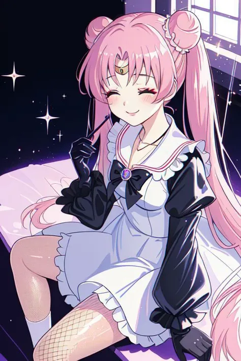 Earth-QualityPos, Best_QualityPos, CelShade, SailorMoonGoth, kawaii, cute, cute french maid, pastel (ruffled:1) (glossy:1) dress, lace maid gloves, (shiny glossy translucent clothing:1.1), soft lighting, (Mary Janes shoes:1), ruffles, (bobby socks:1), (big happy smile with closed eyes, glossy lips, blush, makeup:1), (curtsy:1.1), (inside lavished mansion, detailed background:1), (sparkling hair, sparkling clothes:1.2),