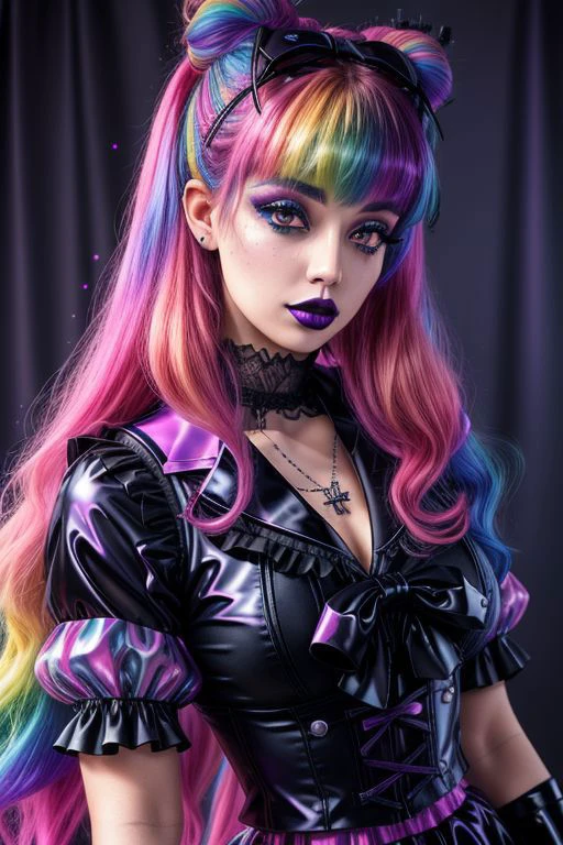 (SailorMoonGoth:1), (pastelgoth rainbow latex theme:1.3), professional detailed (full body:1.2) photo of (SailorMoonGoth) wearing (intricate pastelgoth rainbow latex tadress, multilayered skirt:1.2), (shiny glossy translucent clothing, gleaming oily fabric :1.1), (perfect face, beautiful face, symmetric face, blue perfecteyes eyes), pastelgoth rainbow (lipstick, eyeshadow, mascara, goth makeup:1.1), (frills, lace, bows:1.2), (pastelgoth rainbow stockings:1.1), (double meatballs style rainbow hair:1.2),
ultra wide angle shot, cinematic style, 8k, RAW photo, photo-realistic, masterpiece, best quality, absurdres, incredibly absurdres, huge filesize, extremely detailed, High quality texture, Cinematic Lighting, physically-based rendering, Ray tracing,
