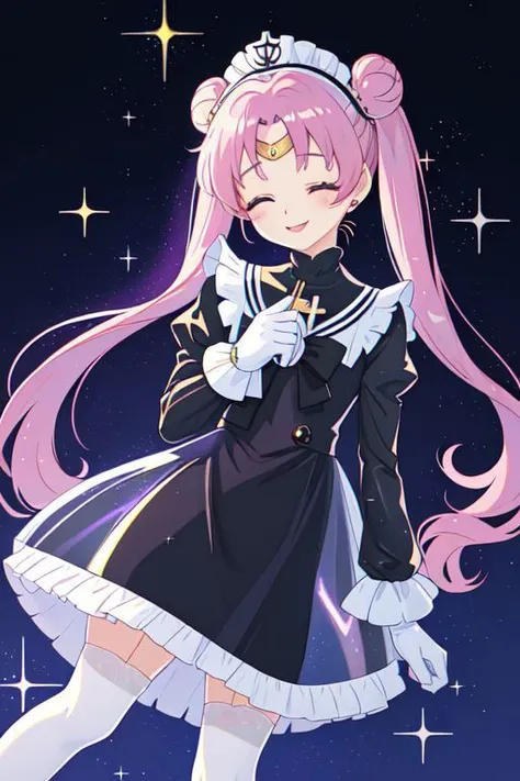 Earth-QualityPos, Best_QualityPos, CelShade, SailorMoonGoth, kawaii, cute, cute french maid, pastel (ruffled:1) (glossy:1) dress, lace maid gloves, (shiny glossy translucent clothing:1.1), soft lighting, (Mary Janes shoes:1), ruffles, (bobby socks:1), (big happy smile with closed eyes), (curtsy:1.1), (inside lavished mansion, detailed background:1), (sparkling hair, sparkling clothes:1.2),