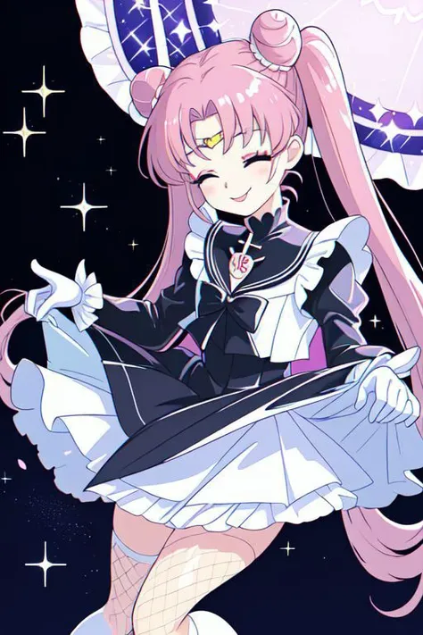 Earth-QualityPos, Best_QualityPos, CelShade, SailorMoonGoth, kawaii, cute, cute french maid, pastel (ruffled:1) (glossy:1) dress, lace maid gloves, (shiny glossy translucent clothing:1.1), soft lighting, (Mary Janes shoes:1), ruffles, (bobby socks:1), (big happy smile with closed eyes), (curtsy:1.1), (inside lavished mansion, detailed background:1), (sparkling hair, sparkling clothes:1.2),