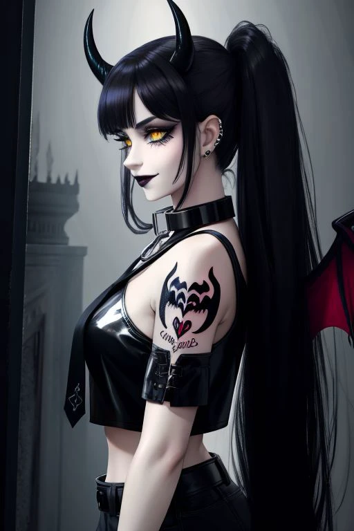 (SailorMoonGoth:1), (HellscapeV1:1.2), (succubus, succubus horns, succubus wings, glowing succubus tattoo, metal collar:1.4), (death metal goth, dark, death metal concert, death metal hair, death metal clothes, fishnets, tattoo, piercings, chain accessories, navel piercing, death metal choker, death metal makeup, tramp tattoo, public tattoo, over the shoulder jacket, evil smile:1.3), (shiny glossy translucent clothing, gleaming oily latex fabric:1.1),
ultra wide angle shot, cinematic style, 8k, RAW photo, photo-realistic, masterpiece, best quality, absurdres, incredibly absurdres, huge filesize, extremely detailed, High quality texture, Cinematic Lighting, physically-based rendering, Ray tracing,
photorealistic, octane render, best quality, looking at viewer, looking down, sharp focus, (8k), (4k), (Masterpiece), (Best Quality), (realistic skin texture), extremely detailed, intricate, hyper detailed, illustration, soft lighting, high resolution, sharp detail,