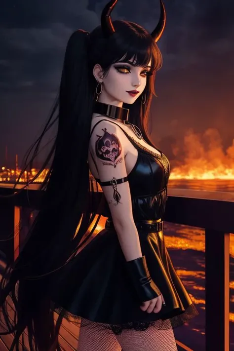 (SailorMoonGoth:1), (HellGirl, HellscapeV1:1.2), (succubus, succubus horns, succubus wings, glowing succubus tattoo, metal collar, facing viewer:1.4), (death metal goth, dark, death metal concert, death metal hair, death metal clothes, fishnets, tattoo, piercings, chain accessories, navel piercing, death metal makeup, tramp tattoo, public tattoo, evil smile, fire background, hellish background, :D, perfect teeth:1.3), (shiny glossy translucent clothing, gleaming oily latex fabric:1.1),
ultra wide angle shot, cinematic style, 8k, RAW photo, photo-realistic, masterpiece, best quality, absurdres, incredibly absurdres, huge filesize, extremely detailed, High quality texture, Cinematic Lighting, physically-based rendering, Ray tracing,
photorealistic, octane render, best quality, looking at viewer, looking down, sharp focus, (8k), (4k), (Masterpiece), (Best Quality), (realistic skin texture), extremely detailed, intricate, hyper detailed, illustration, soft lighting, high resolution, sharp detail,