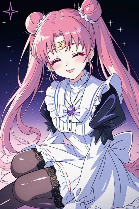 Earth-QualityPos, Best_QualityPos, CelShade, SailorMoonGoth, kawaii, cute, cute french maid, pastel (ruffled:1) (glossy:1) dress, lace maid gloves, (shiny glossy translucent clothing:1.1), soft lighting, (Mary Janes shoes:1), ruffles, (bobby socks:1), (big happy smile with closed eyes, glossy lips, blush, makeup:1), (curtsy:1.1), (inside lavished mansion, detailed background:1), (sparkling hair, sparkling clothes:1.2),