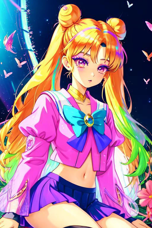 (Earth-QualityPos, Best_QualityPos, CelShade), (SailorMoonGoth), (cute gyaru, tafashion:1.4), (rainbow theme:1.3), (sitting) illustration of (gyaru Sailor Moon) wearing (gyaru latex rainbow short tied shirt, micro miniskirt, transparent wide sleeves, navel:1.2), (shiny glossy translucent clothing, gleaming oily fabric :1.1), (perfect face, cute face, symmetric face, blue perfecteyes eyes), rainbow (lipstick, cute makeup:1.4), (frills, lace, bows:1.2), (rainbow tight high socks, cute boots, smiling, sitting in rainbow sofa:1.4), (double meatballs style rainbow hair:1.2), (sparkles, sparkling hair, sparkling clothes, sparkles near eyes),
