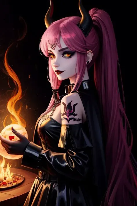 (SailorMoonGoth:1), (HellscapeV1:1.2), (succubus, succubus horns, succubus wings, pink glowing succubus tattoo, metal collar:1.4), (death metal goth, dark, death metal concert, death metal hair, death metal clothes, fishnets, tattoo, piercings, chain accessories, navel piercing, death metal choker, death metal makeup, tramp tattoo, public tattoo, over the shoulder jacket, evil smile:1.3), (shiny glossy translucent clothing, gleaming oily latex fabric:1.1),
ultra wide angle shot, cinematic style, 8k, RAW photo, photo-realistic, masterpiece, best quality, absurdres, incredibly absurdres, huge filesize, extremely detailed, High quality texture, Cinematic Lighting, physically-based rendering, Ray tracing,
photorealistic, octane render, best quality, looking at viewer, looking down, sharp focus, (8k), (4k), (Masterpiece), (Best Quality), (realistic skin texture), extremely detailed, intricate, hyper detailed, illustration, soft lighting, high resolution, sharp detail,