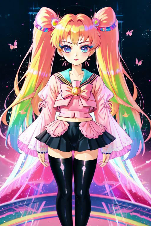 (Earth-QualityPos, Best_QualityPos, CelShade), (SailorMoonGoth), (cute gyaru, tafashion:1.4), (rainbow theme:1.3), (full body:1.4) illustration of (gyaru Sailor Moon) wearing (gyaru latex rainbow short tied shirt, micro miniskirt, navel:1.2), (shiny glossy translucent clothing, gleaming oily fabric :1.1), (perfect face, cute face, symmetric face, blue perfecteyes eyes), rainbow (lipstick, cute makeup:1.4), (frills, lace, bows:1.2), (rainbow tight high socks, cute boots, sitting, crossed legs:1.2), (double meatballs style rainbow hair:1.2), (sparkles, sparkling hair, sparkling clothes, sparkles near eyes),
