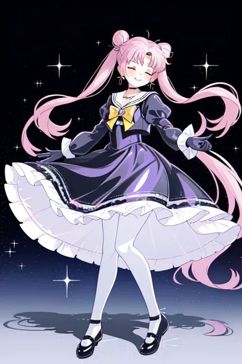 Earth-QualityPos, Best_QualityPos, CelShade, SailorMoonGoth, kawaii, cute, cute french maid, pastel (ruffled:1) (glossy:1) dress, lace maid gloves, (shiny glossy translucent clothing:1.1), soft lighting, (Mary Janes shoes:1), ruffles, (bobby socks:1), (big happy smile with closed eyes), (curtsy:1.1), (inside lavished mansion, detailed background:1), (sparkling hair, sparkling clothes, sparkling face),