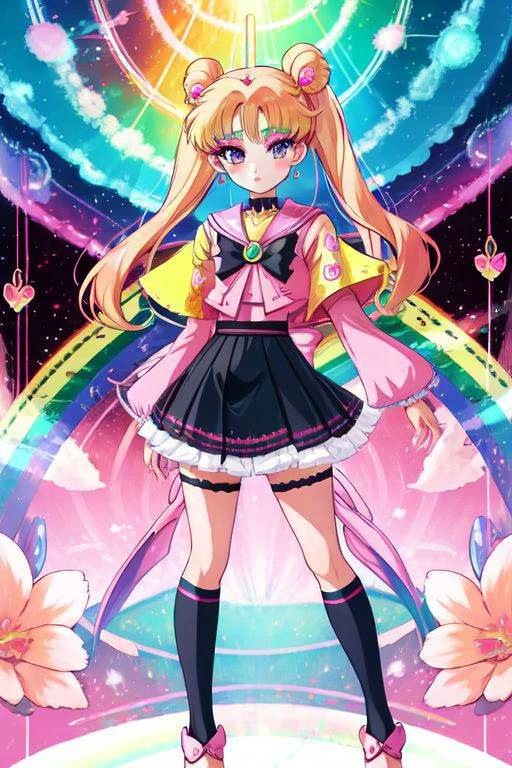 (Earth-QualityPos, Best_QualityPos, CelShade), (SailorMoonGoth), (cute gyaru, tafashion:1.4), (rainbow theme:1.3), (full body:1.4) illustration of (gyaru Sailor Moon) wearing (gyaru latex rainbow short tied shirt, micro miniskirt, navel:1.2), (shiny glossy translucent clothing, gleaming oily fabric :1.1), (perfect face, cute face, symmetric face, blue perfecteyes eyes), rainbow (lipstick, cute makeup:1.4), (frills, lace, bows:1.2), (rainbow tight high socks, cute boots, sitting, crossed legs:1.2), (double meatballs style rainbow hair:1.2), (sparkles, sparkling hair, sparkling clothes, sparkles near eyes),