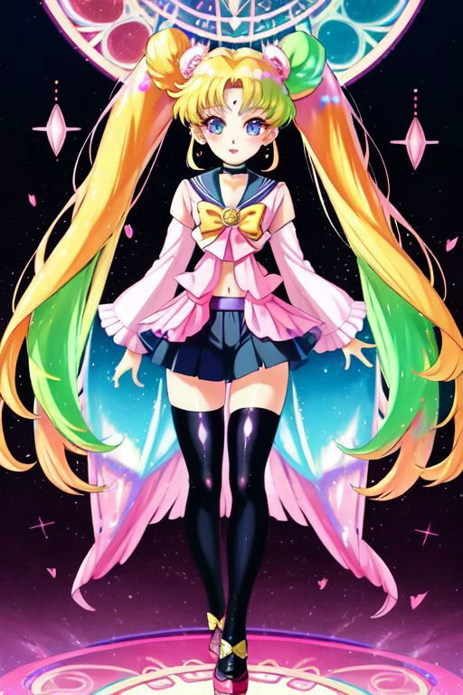 (Earth-QualityPos, Best_QualityPos, CelShade), (SailorMoonGoth), (cute gyaru, tafashion:1.4), (rainbow theme:1.3), (full body:1.4) illustration of (gyaru Sailor Moon) wearing (gyaru latex rainbow short tied shirt, micro miniskirt, transparent wide sleeves, navel:1.2), (shiny glossy translucent clothing, gleaming oily fabric :1.1), (perfect face, cute face, symmetric face, blue perfecteyes eyes), rainbow (lipstick, cute makeup:1.4), (frills, lace, bows:1.2), (rainbow tight high socks, cute boots, smiling:1.2), (double meatballs style rainbow hair:1.2), (sparkles, sparkling hair, sparkling clothes, sparkles near eyes),