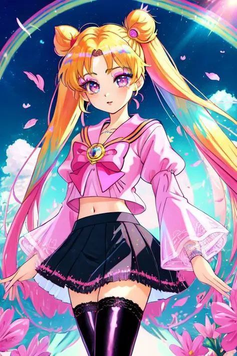 (Earth-QualityPos, Best_QualityPos,  CelShade), (SailorMoonGoth), (cute gyaru, ****tafashion:1.4), (rainbow theme:1.3), (full body) illustration of (gyaru Sailor Moon) wearing (gyaru latex rainbow short tied shirt, micro miniskirt, transparent wide sleeves, navel:1.2), (shiny glossy translucent clothing, gleaming oily fabric :1.1), (perfect face, cute face, symmetric face, blue perfecteyes eyes), rainbow (lipstick, cute makeup:1.4), (frills, lace, bows:1.2), (rainbow tight high socks, cute boots, smiling, sitting in rainbow sofa:1.4), (double meatballs style rainbow hair:1.2), (sparkles, sparkling hair, sparkling clothes, sparkles near eyes),