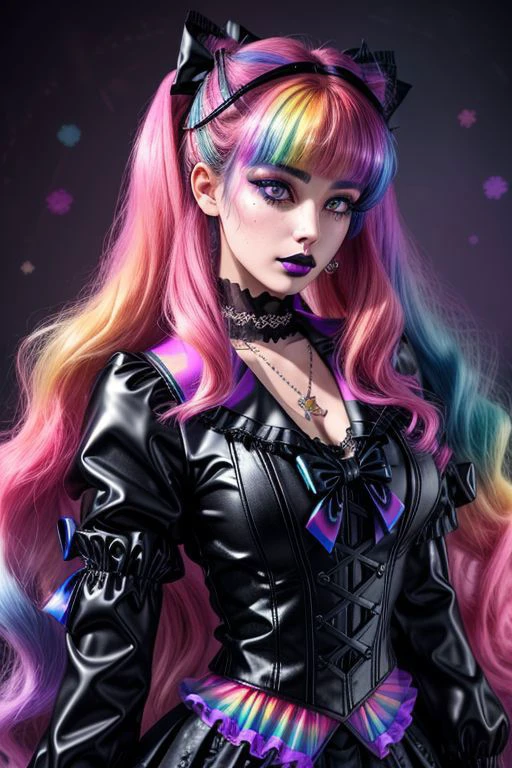(SailorMoonGoth:1), (pastelgoth rainbow latex theme:1.3), professional detailed (full body:1.2) photo of (SailorMoonGoth) wearing (intricate pastelgoth rainbow latex tadress, multilayered skirt:1.2), (shiny glossy translucent clothing, gleaming oily fabric :1.1), (perfect face, beautiful face, symmetric face, blue perfecteyes eyes), pastelgoth rainbow (lipstick, eyeshadow, mascara, goth makeup:1.1), (frills, lace, bows:1.2), (pastelgoth rainbow stockings:1.1), (double meatballs style rainbow hair:1.2),
ultra wide angle shot, cinematic style, 8k, RAW photo, photo-realistic, masterpiece, best quality, absurdres, incredibly absurdres, huge filesize, extremely detailed, High quality texture, Cinematic Lighting, physically-based rendering, Ray tracing,