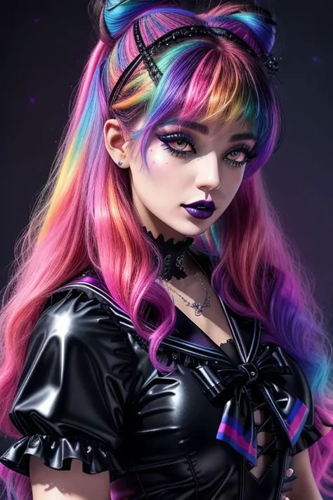 a woman with colorful hair and a black top posing for a picture