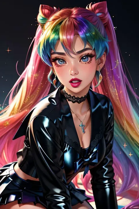 SailorMoonGoth, (gyaru:1.2), (rainbow latex theme:1.1), professional detailed (full length) photo of (gyaru Sailor Moon) wearing (intricate gyaru latex rainbow short tied shirt, tiny micro miniskirt, cleavage, navel), (shiny glossy translucent clothing, gleaming oily fabric), (perfect face, beautiful face, symmetric face, blue eyes), rainbow (lipstick, eyeshadow, mascara, gyaru makeup:1.2), (frills, lace, bows), (rainbow tight high socks, boots), (double meatballs style rainbow hair), (sparkles, sparkling hair, sparkling clothes, sparkles near eyes:1.1),
8k, RAW photo, photo-realistic, masterpiece, best quality, absurdres, incredibly absurdres, huge filesize, extremely detailed, High quality texture,physically-based rendering, Ray tracing,
<lora:naughty_to_nice_v3:2>